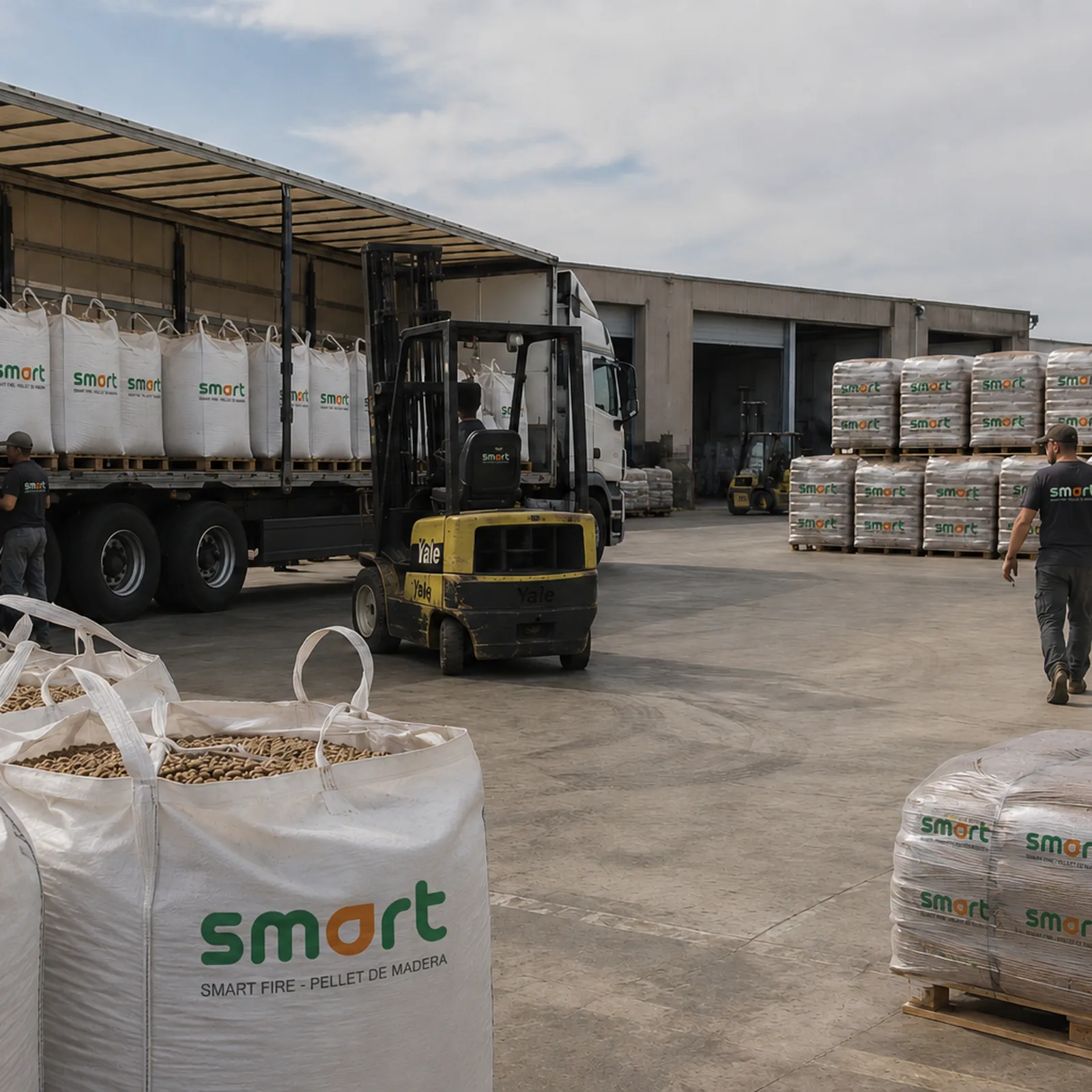 Playón de camiones, montacargas, pallets y big bags de Smart Fire — operación a gran escala