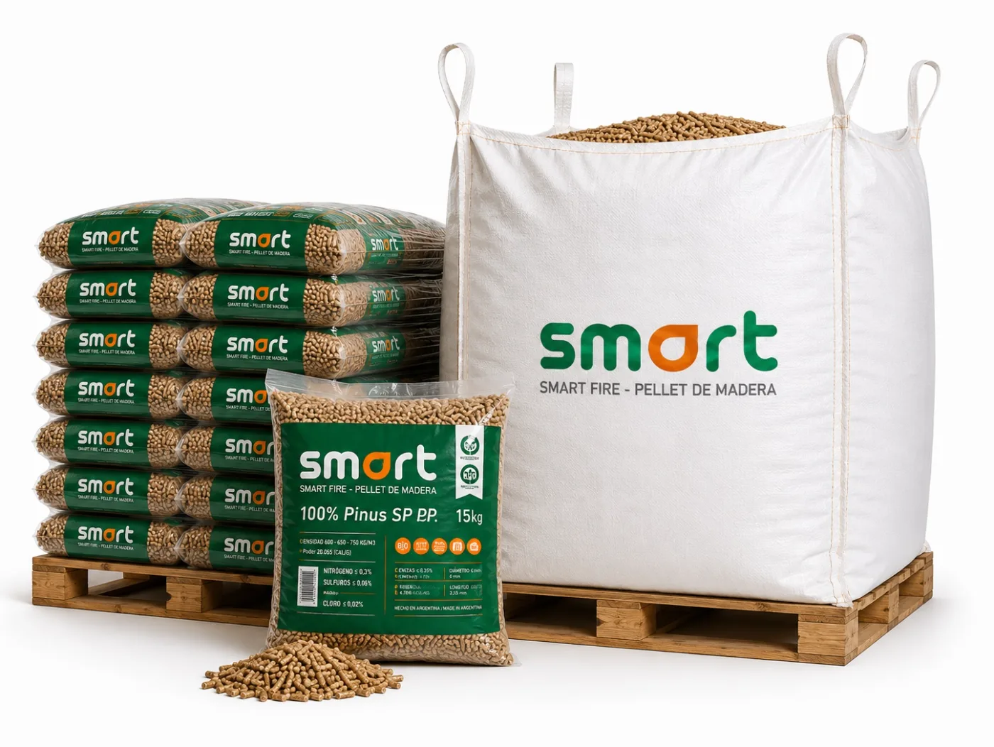 Pallet de bolsas Smart Fire, big bag y bolsa de pellet de madera 100% Pinus SP