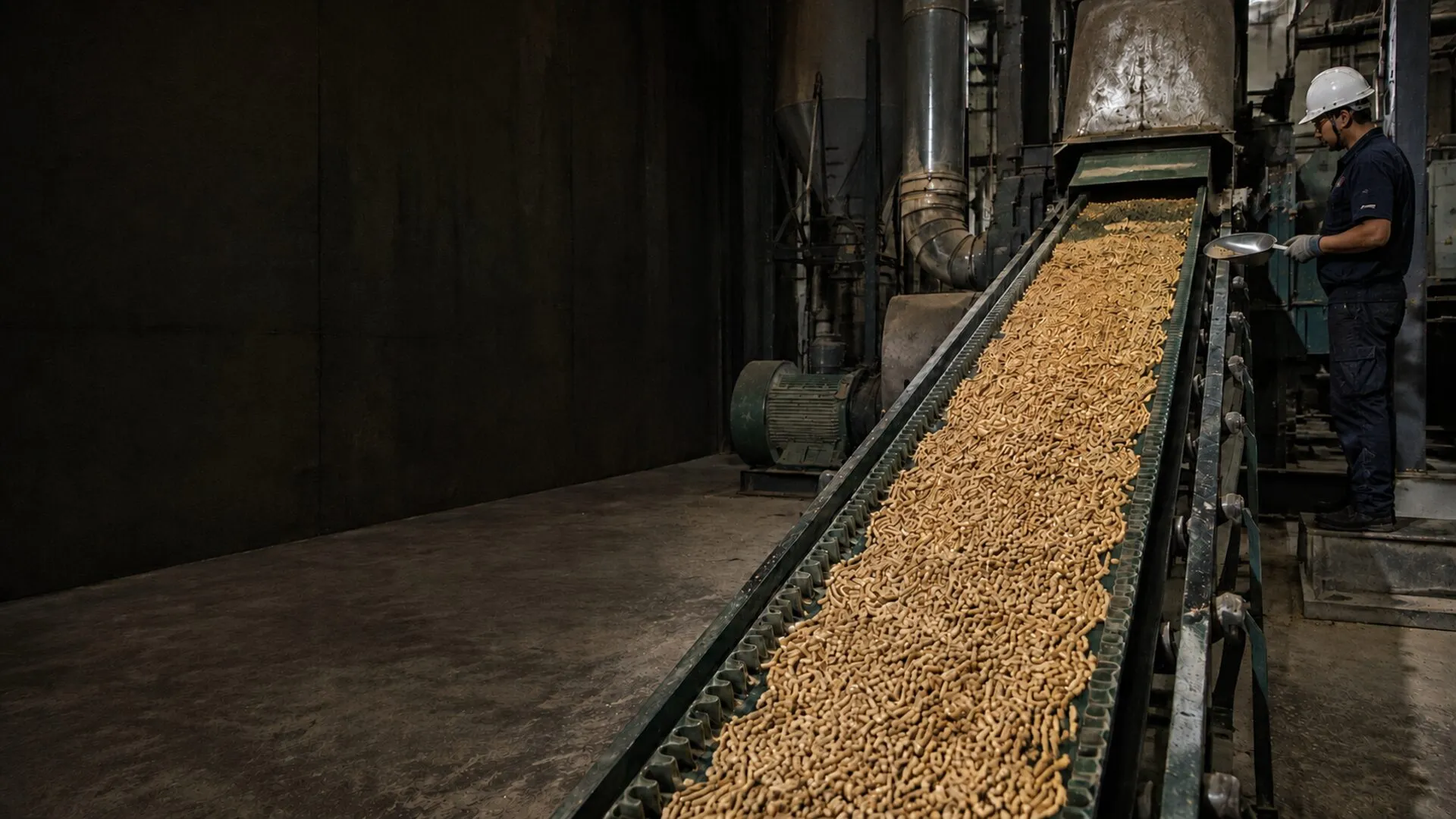 Cinta transportadora de pellets en planta de producción